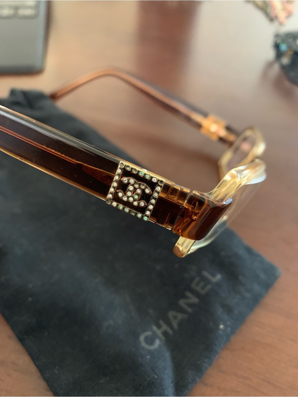 Vintage CHANEL Brown Tortoiseshell Frame Eye Glasses with Crystal CC Accent